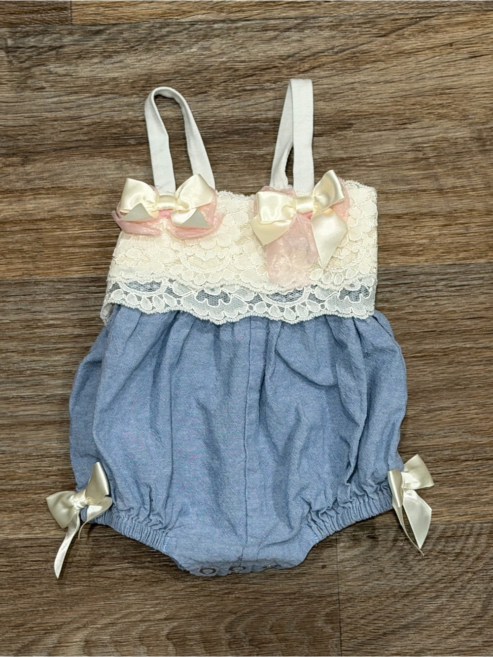 Bonnie Baby Cream Lace & Blue Chambray Bubble Romper with Satin Bows